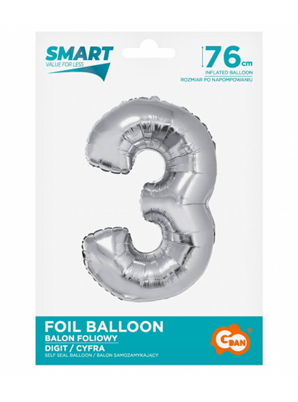Strieborný inteligentný balón s číslom "3" -76cm