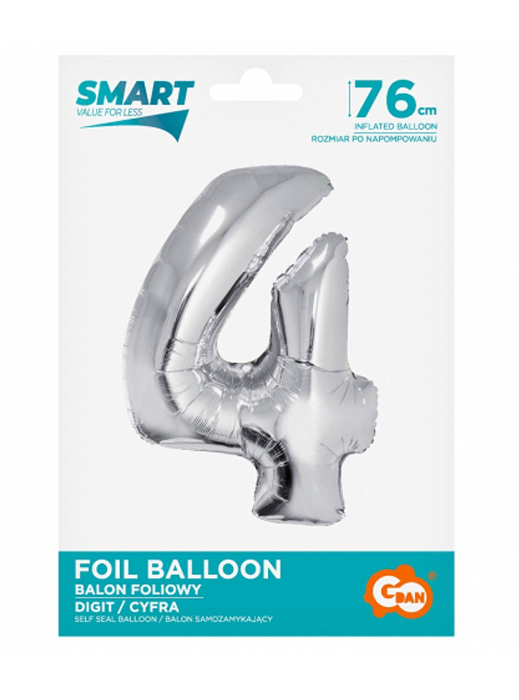 Strieborný inteligentný balón s číslom "4" -76cm