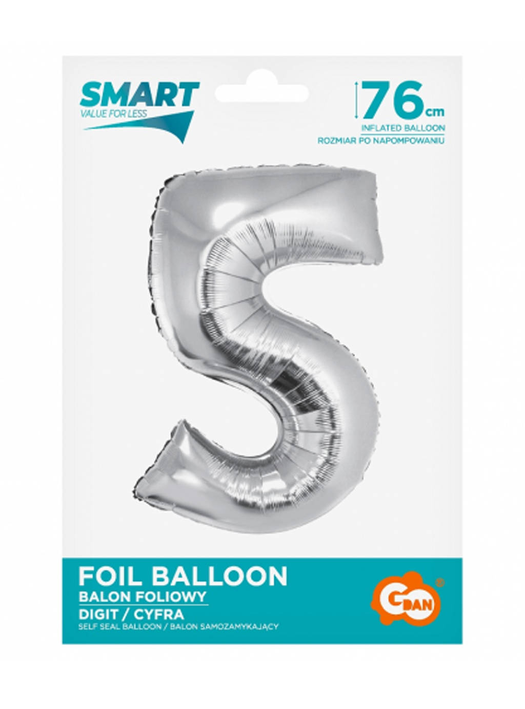 Strieborný inteligentný balón s číslom "5" -76cm