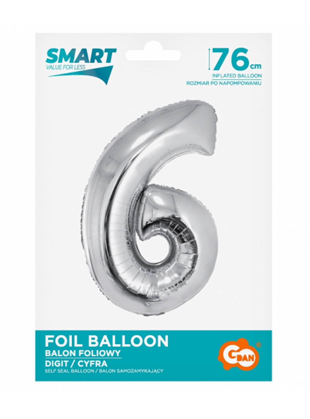 Strieborný inteligentný balón s číslom "6" -76 cm