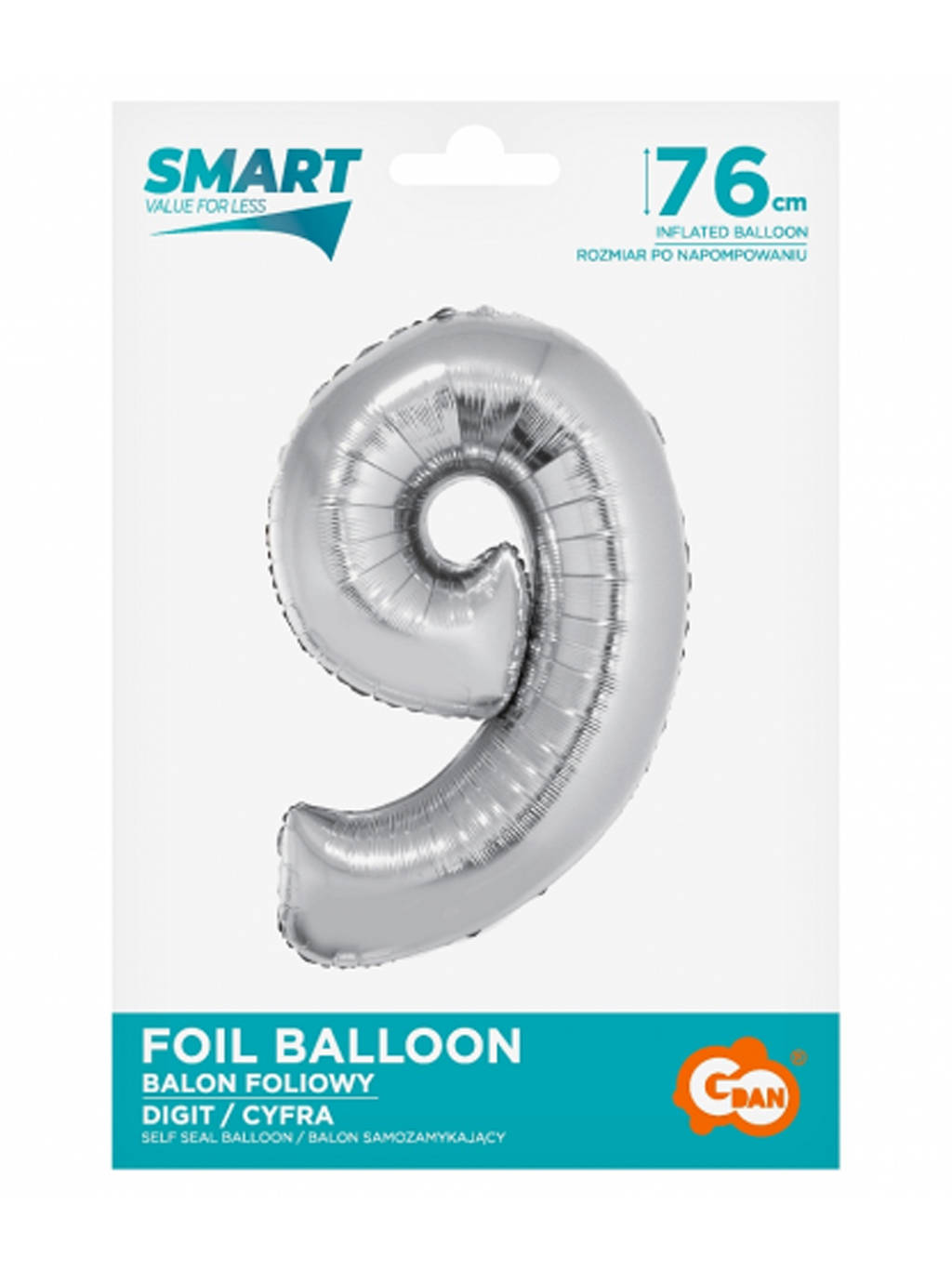 Strieborný inteligentný balón s číslom "9" -76 cm
